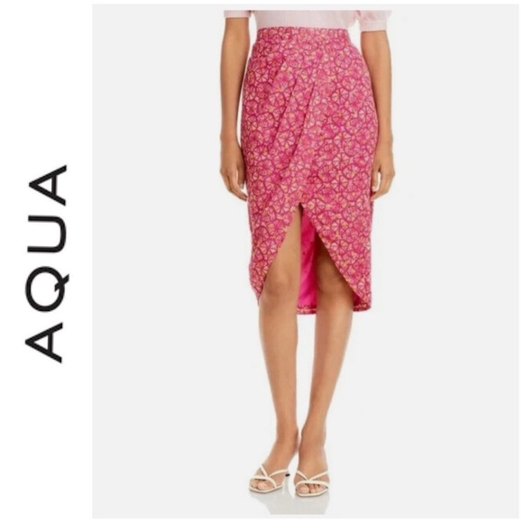 Aqua Dresses & Skirts - AQUA Metallic Printed Wrap Midi Skirt Pink/Gold Pleated Sz XS NWT  $78
